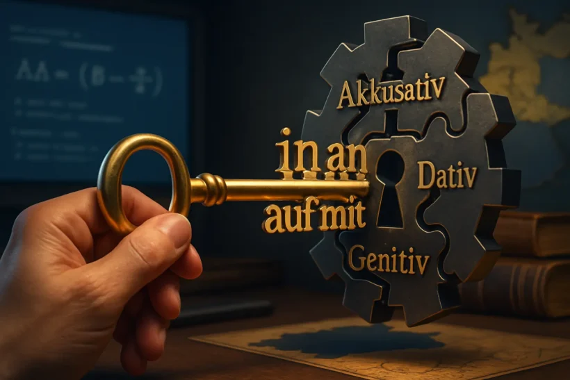A high-resolution, artistic and conceptual image depicting a human hand (could be a teacher's or student's hand) holding a shiny golden key. This key is not ordinary; its intricate teeth are shaped from common German prepositions such as 'in', 'an', 'auf', 'mit', 'für'. The key is directed towards a complex lock or a 3D puzzle representing the German language, clearly displaying the symbols of grammatical cases (Akkusativ, Dativ, Genitiv) in an elegant and interconnected manner. The background is a blend of modern educational elements (like a computer screen showing German texts or grammatical equations) and classical elements (like old books or a map of Germany), symbolizing the learning journey and linguistic depth. The lighting is dramatic and focused on the key and lock, highlighting their importance as the 'key to mastering the language'. The colors are warm and rich, with touches of blue and yellow to reflect the traditional colors of the German language or Germany. The image should evoke intelligence, challenge, and achievement, emphasizing that prepositions are the solution to unlocking the complexities of the German language. There can be a slight blur effect in the background to focus attention on the key and lock. The goal is to convey the idea that mastering prepositions is the gateway to deeply understanding the German language.