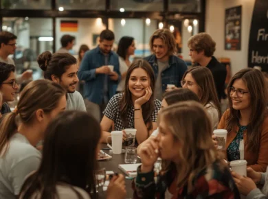 Lucid Realism A vibrant and cozy language cafe scene Diverse g 1