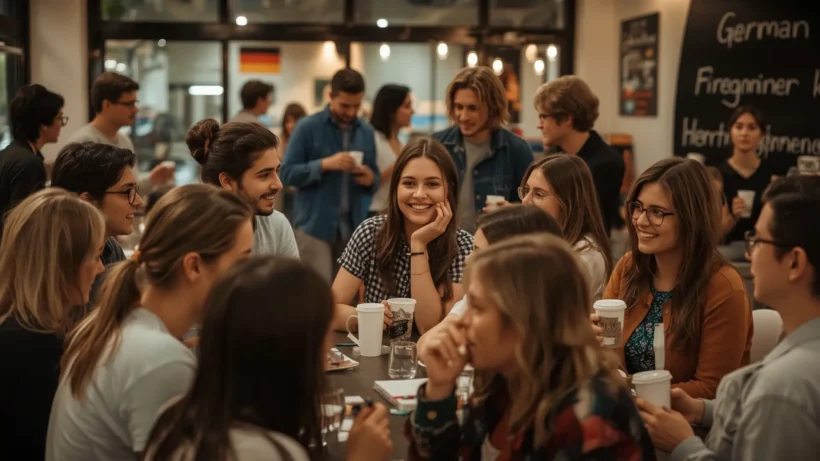 Lucid Realism A vibrant and cozy language cafe scene Diverse g 1